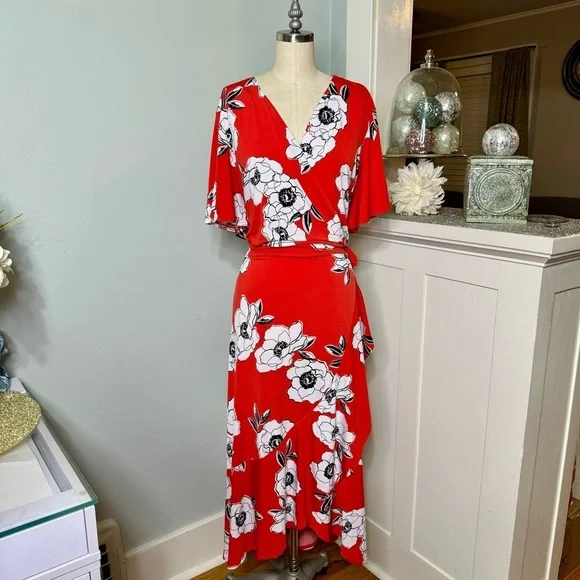 Lane Bryant Floral Faux Wrap Maxi Dress Red & White Size 22/24 - Picture 3 of 10